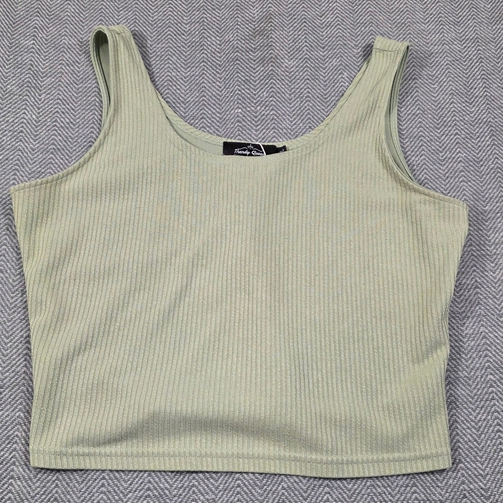 Trendy Queen Sage Green Ribbed Crop Tank Top Scoop Neck Sleeveless Size L‎